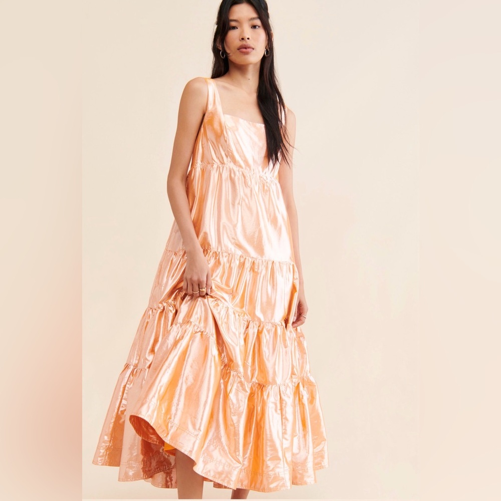 Free People NWT Tiered Maxi Metallic Dress XS Mango Color